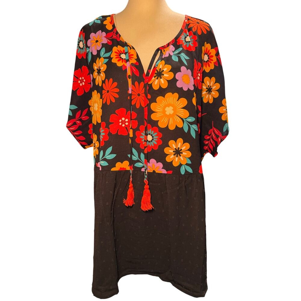 BloomChic Retro Mod Floral Tunic Top, Boho Tassel Swiss Dot, Plus Size 22/24